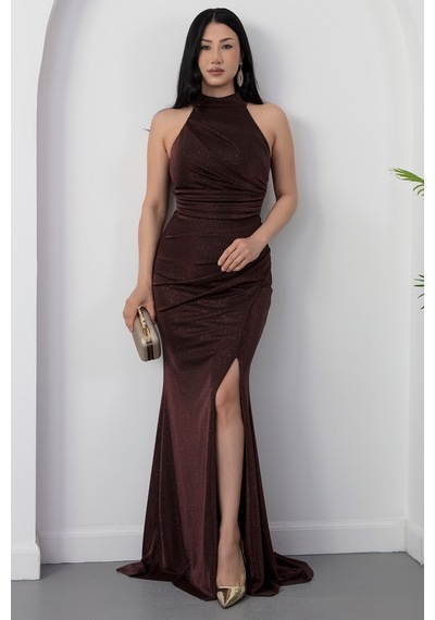 Kalopya Halter Yaka Yırtmaçlı Simli Elbise Drp0013 Kahve