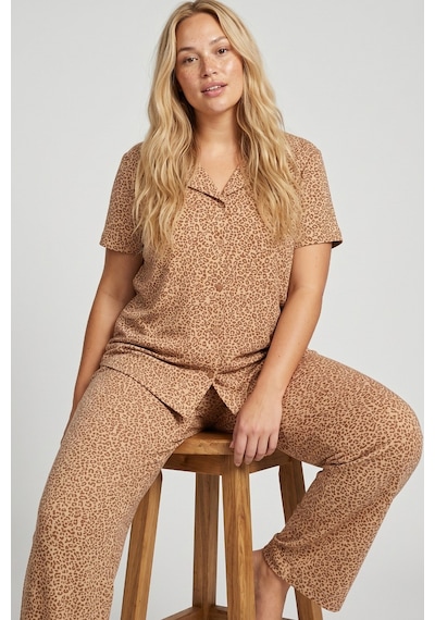 Siyah İnci Büyük Beden Battal Boy Düğmeli Örme Pijama Takım 8016 Vizon Leopar