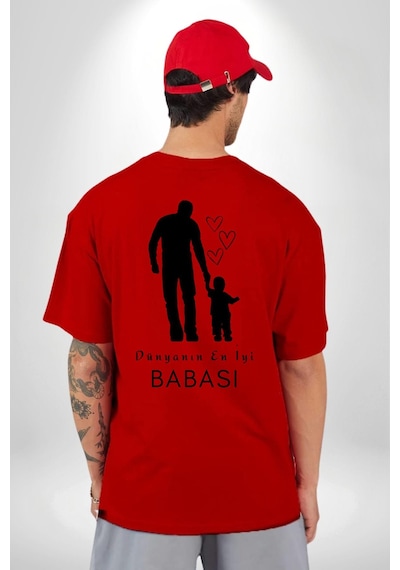 Babalar Günü Dünyanın En İyi Babası Kırmızı Oversize Unisex Ön Ve Sırt Baskılı Tişört Kırmızı