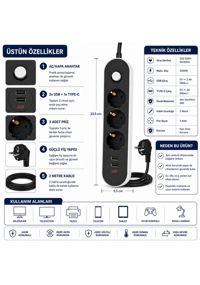 Sh-4628 3 Lü Akım Korumalı Priz 2 Usb + 1 Type-c Çıkışlı 2 Metre Kablolu Anahtarlı Topraklı Çoklu Grup Priz 2 M