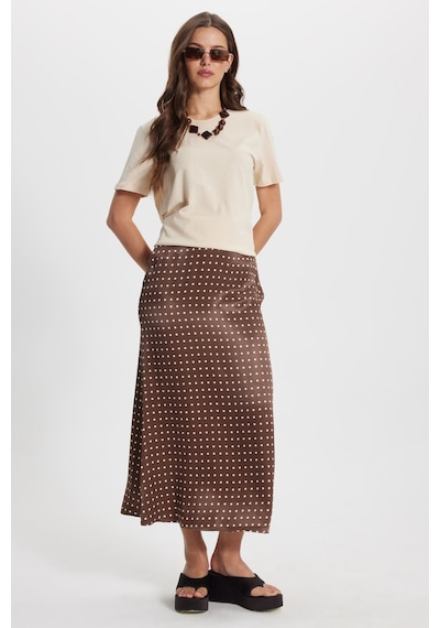 Tudors Kadın Slim Fit Dar Kesim Yüksek Bel Midi Boy Viskon Puantiyeli Kahverengi Etek-50502