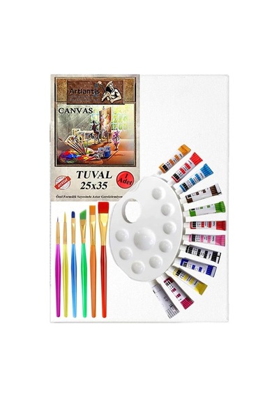 Artlantis Akrilik Boya Hobi Boyama Seti 1 Paket 25x35 Cm Tuval 12 Li Akrilik Boya Tüp Resim Paleti Fırça Seti 6 Lı
