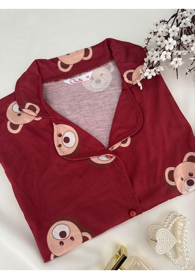 Mh Moony Homewears 2'li Bordo Ayıcık Pijama Takımı Bordo Renk
