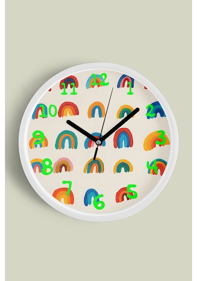 Renkli Gökkuşağı Çocuk Odası Modern Duvar Saati - 30cm - Önü Camlı Beyaz Kasa - Sessiz Mekanizma Beyaz