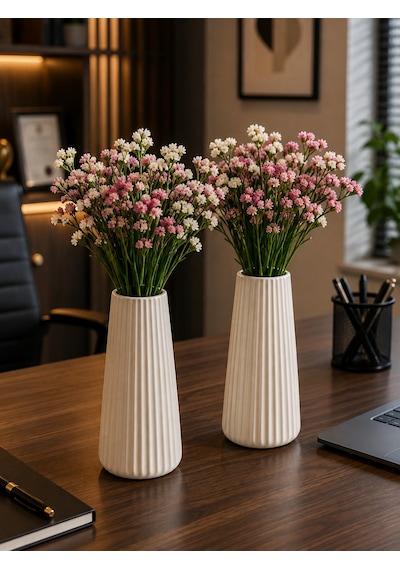 2'li Modern Dekorasyon İçin Şık Beyaz Çizgili Seramik Çiçek Vazo 19cm - Minimal Ve Zarif Vazo Modeli