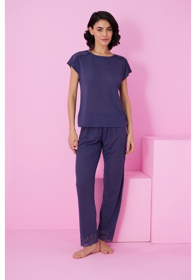 Siyah İnci Soft Touch İnce Mevsimlik Dantel Detaylı Örme Pijama Takım7864 Lacivert