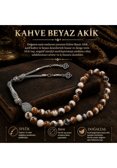 Doğal Taş Kahve Beyaz Akik Tesbih - 33'lü 8mm İşlemeli Gümüş Püsküllü Erkek Tesbih Kahverengi - Beyaz Doğal Taş Kahve Beyaz Akik Tesbih - 33'lü 8mm İşlemeli Gümüş Püsküllü Erkek Tesbih Kahverengi - Beyaz