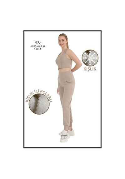 Kadın Taş Rengi Polarlı Kışlık Eşofman Altı Jogger Yüksek Bel Şardonlu Dalgıç 1062 Taş Rengi / Bej