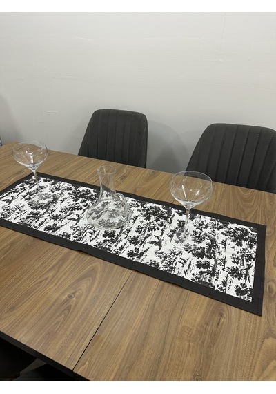 Toile De Jouy Monet Runner 40x110 Cm %100 Pamuk Dijital Baskılı Masa Örtüsü Country Tarzı Fransız Desen Masa Dekoru - Zt710 Siyah