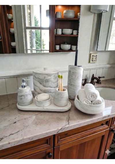 Mermer Desen Tam Beton Banyo Seti Tuvalet Wc Sıvı Sabunluk Diş Fırçalığı Aksesuar Takım Gri