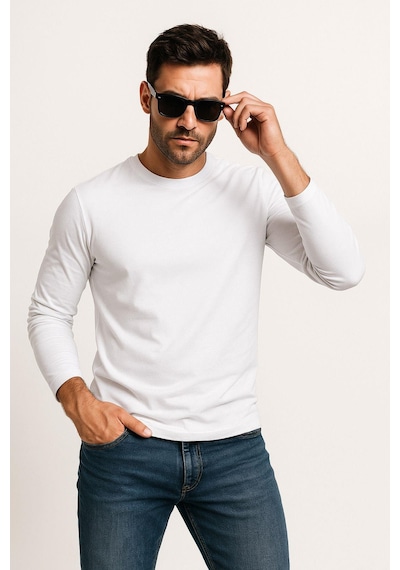 Erkek Bisiklet Yaka Beyaz Body %100 Pamuk Uzun Kollu Tişört Erkek Düz T-shirt 6012