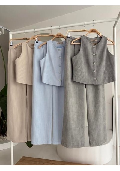 Moderie Butik Yelek Plazzo Pantolon Çizgili Flamlı Poliviscon Takım 10178 Vi Zon