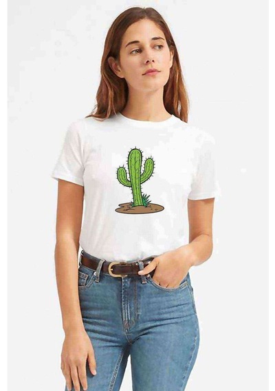 Kaktüs Cactus Baskılı Beyaz Kadın Tshirt