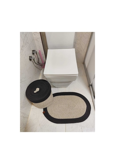 Jüt Hasır 2 Li Banyo Paspas Takımı Bohem Tarzı Banyo Takımı Paspas 40x60 /sepet/25x25 Taş Siyah Taş Siyah