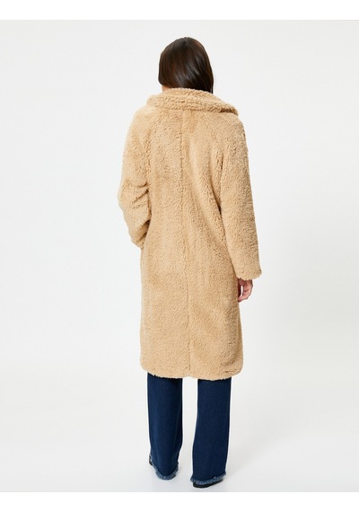 Koton Oversize Peluş Kaban Uzun Cep Detaylı Düğmeli Bej 4wak00169ew 4WAK00169EW050 Ekru