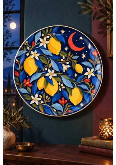 Dekoratif Duvar Tabağı Kâğıt Bahçede Limon Dekorlu Seramik Tabak Sarı