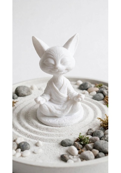 Zen Cat Meditasyon Kedi Figürü - El Yapımı - 3d Baskı - Taş Tozu Görünümlü - Hediyelik - Beyaz