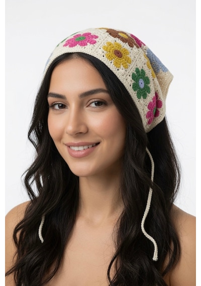 Yazlık Çiçek Motifli Üçgen Triko Bandana Kadın Ayarlanabilir Saç Aksesuarı Çok Renkli