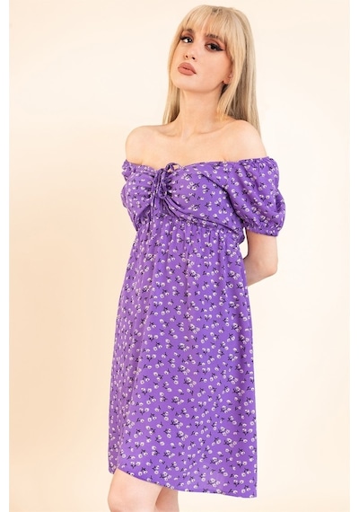 Aqe Fashion Kadın Lila Önü Büzgülü Beli Lastikli Elbise Lila
