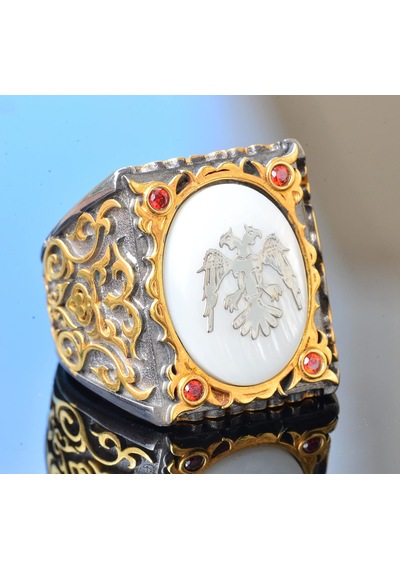Erkekler İçin Sterlin Gümüş Sultan Yüzük - Çift Başlı Arnavut Kartalı Tasarımı Gümüş