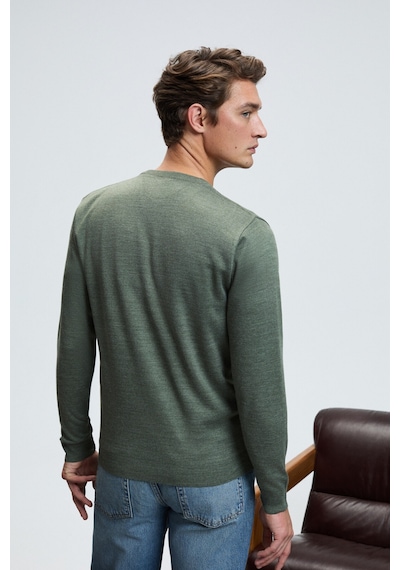 Grımelange VAREX Erkek Yuvarlak Yaka Basic Slim Fit Triko Haki Kazak