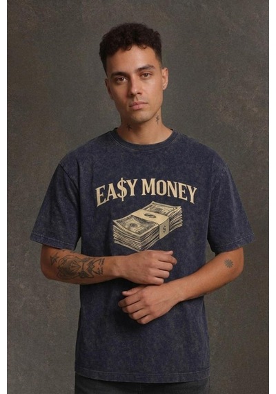 Technomonkey Lacivert Yıkamalı Retro Erkek Easy Money Baskılı Tişört