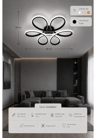 Niva Led Plafonyer Avize 3 Renk Kumandalı Siyah