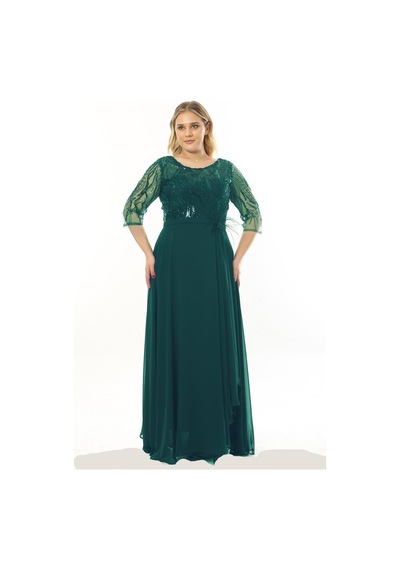 Ladies First Büyük Beden 3855 Zümrüt Uzun Abiye Elbise 001