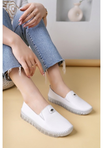 Nesilshoes Nesil Shoes Knc 14 Beyaz Hakiki Deri Şeffaf Taban Kadın Ayakkabı