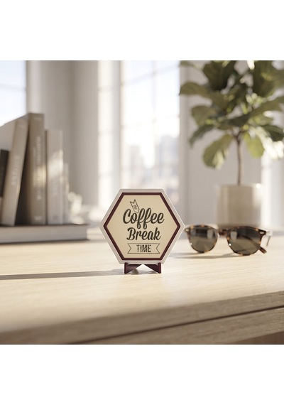 Estetik Coffee Break Time Temalı Masaüstü Süsü, Minimalist Ve Modern Çizgileriyle Çalışma Masanıza Şıklık Katan Obje 10x10 Cm, Pudra