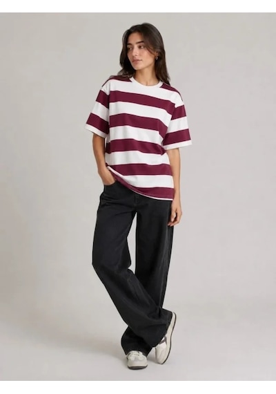 Valensdesign Çizgili Oversize Tişört Bisiklet Yaka Kısa Kol Yazlık T-shirt - Bordo