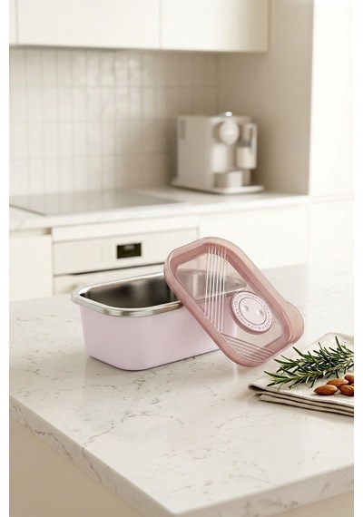 Stainless Paslanmaz Çelik Vakumlu Saklama Kabı,fırın Ve Kek Kabı Kahvaltılık 300 Ml Pembe
