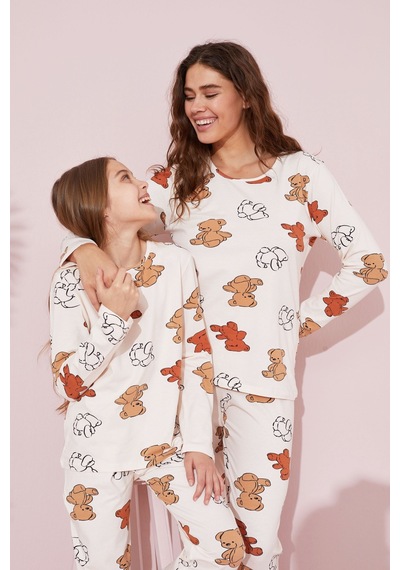 Siyah İnci Pamuklu Örme Pijama Takım 24241081 Ekru