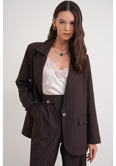 Mixray 4753 Kadın Çizgili Oversize Blazer Ceket Kahve