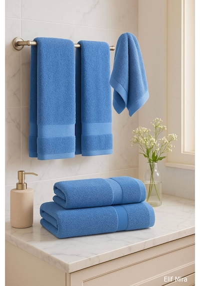 4 Lü Banyo Havlusu Seti %100 Pamuklu 70x140 Cm Pleasure Mavi-mavi