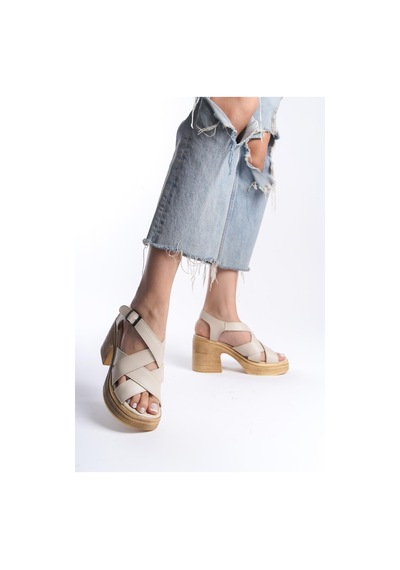 Preshley Kadın Diego Krem Ortopedik İç Taban 8 Cm Platform Topuk Sandalet-Krem Cilt Krem