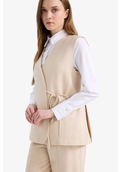 DeFacto V Yaka Bağcıklı Basic Düz Blazer Yelek E4358AX25SPBG702 Bej