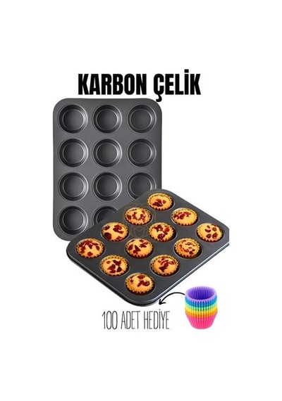 12 Li Muffin Kalıbı Teflon Çelik 100 Muffin Kağıtlı 719516 Çok Renkli