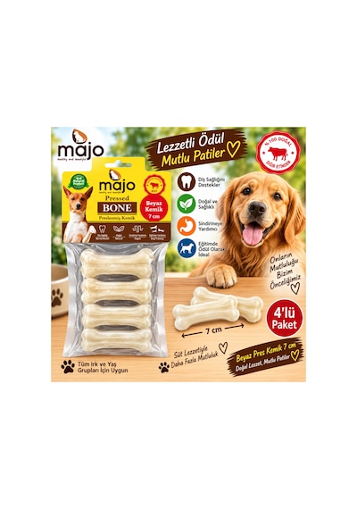 Majo Beyaz Pres Kemik 7 Cm 4 Lü Paket Süt Lezzetli Köpek Çiğneme Ödülü Doğal Sığır Eti