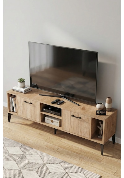 Tv Sehpası 160 Cm Modern Çok Amaçlı Dolaplı Raflı Televizyon Ünitesi Linya Sepet Rengi