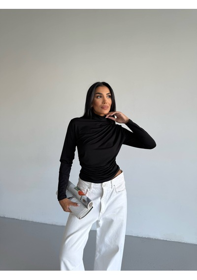 Trendhazan Boğazlı Sandy Kumaş Drapeli Bluz Siyah Siyah