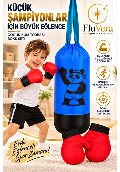 Çocuk Boks Seti Kum Torbası Ve 2 Adet Boks Eldiveni Mavi Siyah