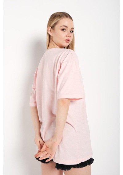 Flood Of Style Kadın Pudra Pembe Happıness Baskılı Oversize Tshirt