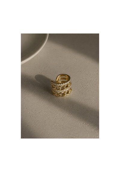 Démila Premium Aurelia Altın Renk Taşlı Zincir Detaylı Kıkırdak Küpe Earcuff Altın Altın