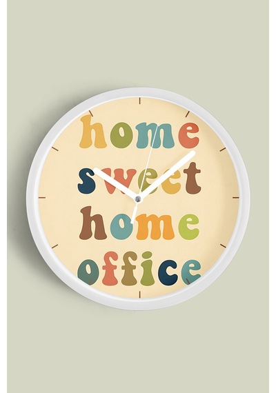 Modern Yazılı Tasarım - Home Sweet Home Office Duvar Saati - 30cm - Önü Camlı Beyaz Kasa Beyaz