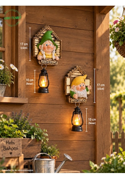 Dekoratif Fenerli Welcome Cüce Çifti 2li Set Dekoratif Kapı Ve Duvar Süsü Renk Seçenekli 17x15 Cm. Kırmızı Sarı