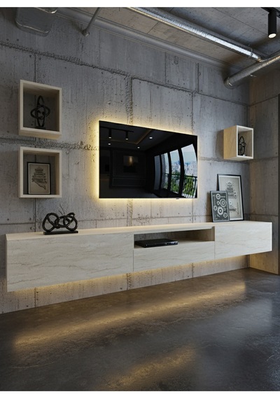 Resital Duvara Monte Ledli 270 Cm Tv Ünitesi Duvar Raflı - Ll6027 Traverten