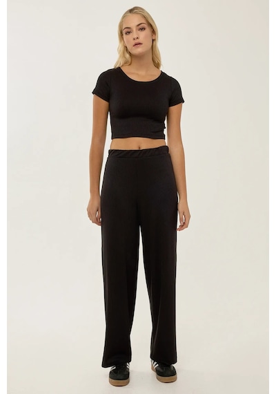 Hiccup Örme Crop Bluz & Lastikli Pantolon Takım Siyah