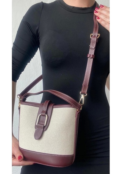 Glemix Alin Keten Bordo Kontrast Kova Model Kadın Omuz Çantası Keten Bordo