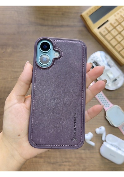 Apple iPhone 16 Uyumlu Premium Deri Dokulu Darbelere Karşı Dayanıklı Nazal Silikon Kılıf Mor
